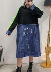 Estilo negro patchwork denim azul traje con capucha agujero vestido recto